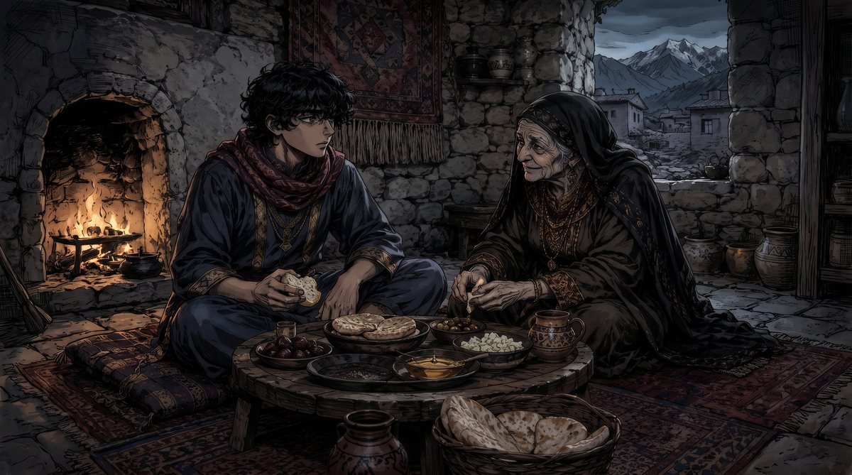 Tafar and his grandmother by the fire